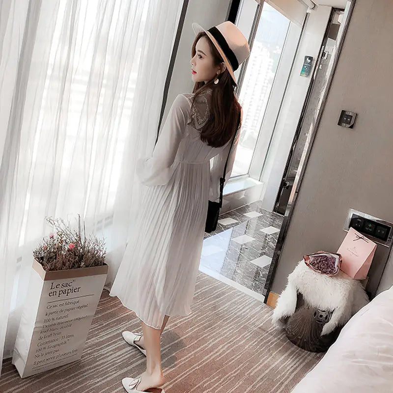 Chic Maternity Dress - Long Sleeve Pleated Chiffon