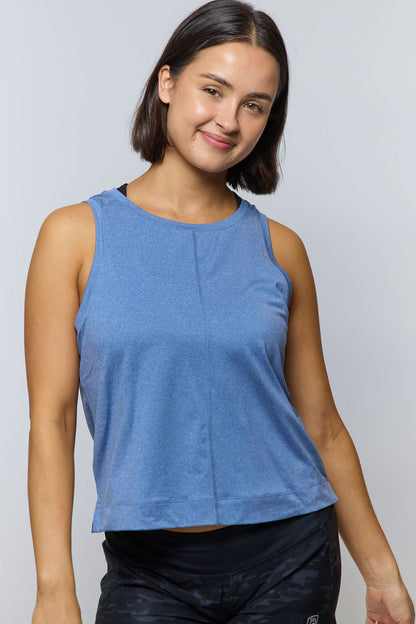 Dark grey Goal Five boxy crop tank top, front view showing relaxed fit and sleeveless design on model.