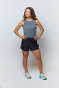 Dark grey Goal Five boxy crop tank top shown on a model, featuring a relaxed fit and sleeveless design.