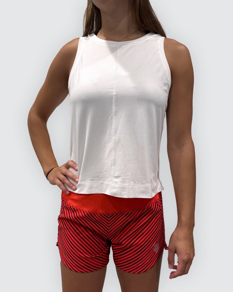 Dark grey Goal Five boxy crop tank top shown on a model, featuring a relaxed fit and sleeveless design.