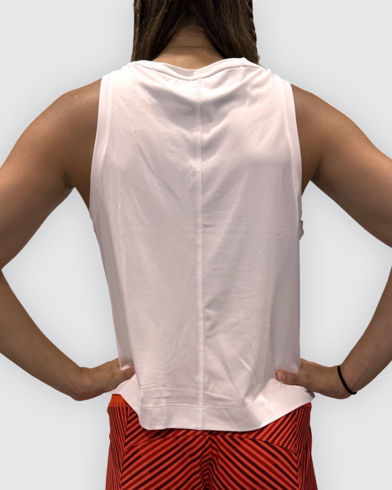 Dark grey Goal Five boxy crop tank top displayed on a mannequin, showcasing its relaxed fit and casual style.