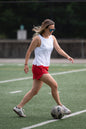 Dark grey Goal Five boxy crop tank top displayed flat, showcasing its relaxed fit and sleeveless design.