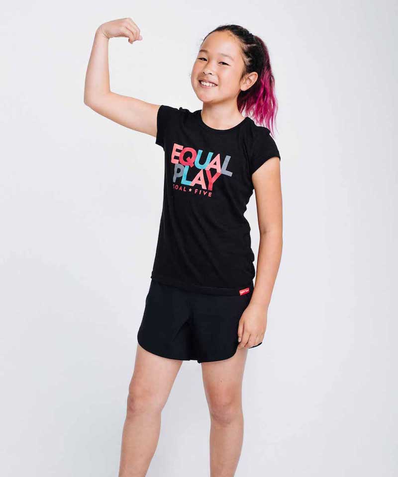 Goal Five Equal Play girls' black T-shirt, casual lifestyle image showing the comfortable, stylish design for kids.
