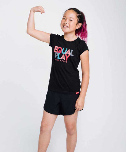 Goal Five Equal Play girls' black T-shirt, casual lifestyle image showing the comfortable, stylish design for kids.