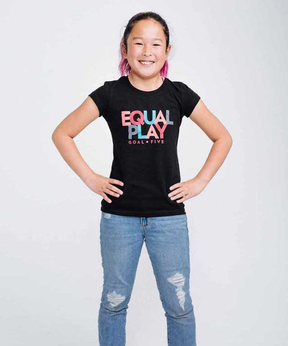 Goal Five Equal Play girls' black T-shirt, casual lifestyle top for girls, featuring a simple black design with the brand logo.