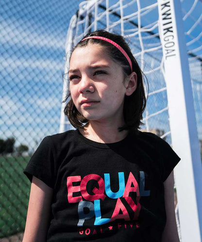 Goal Five Equal Play girls' black T-shirt, casual lifestyle style, soft cotton fabric, front graphic design, age-appropriate fit.
