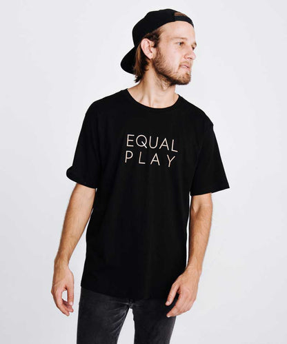 Black Goal Five Equal Play men's athletic T-shirt displayed flat, showcasing its lightweight fabric and athletic fit for active lifestyles.