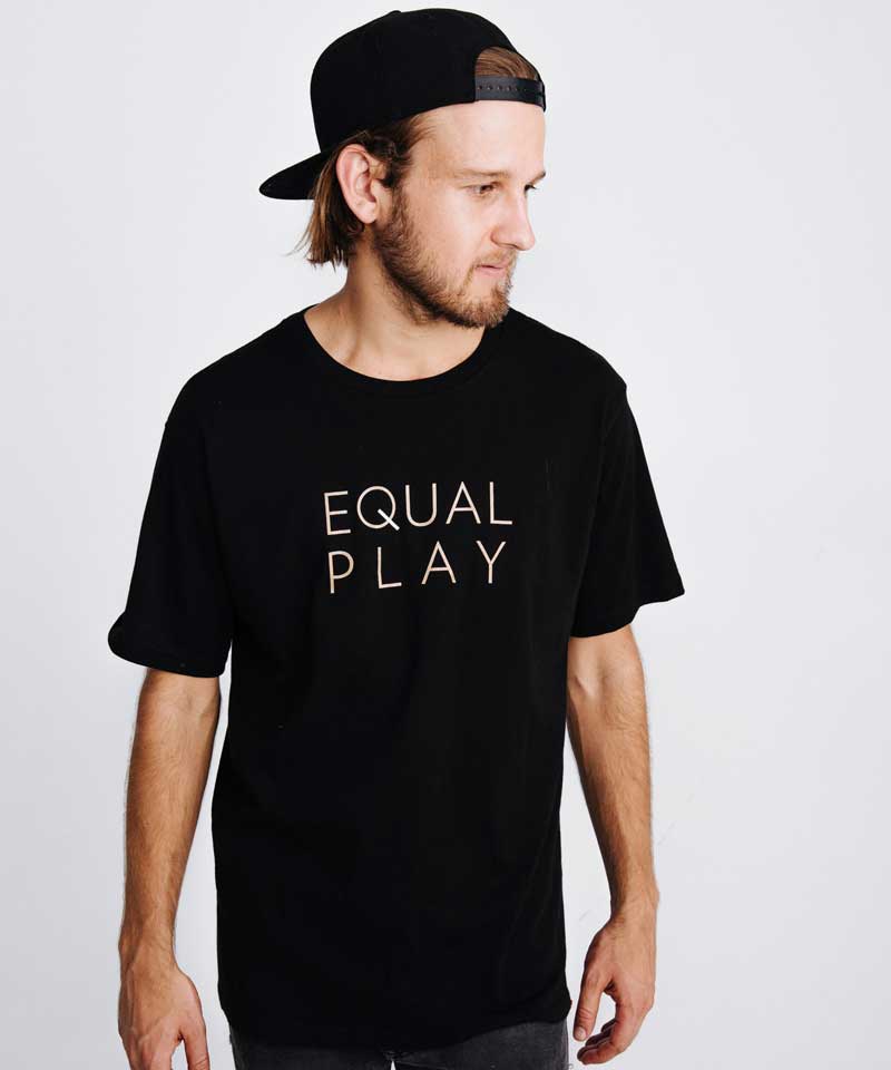 Black Goal Five men's athletic T-shirt from the Equal Play lifestyle collection, shown on a white background.