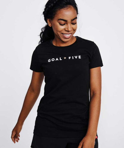 Black Goal Five women's athletic T-shirt from the lifestyle collection, shown on a white background, fitted style, size XS.
