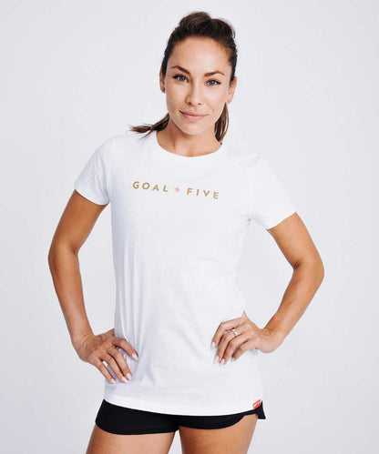 Black Goal Five women's athletic T-shirt, lifestyle style, fitted design, made for comfort and active wear.