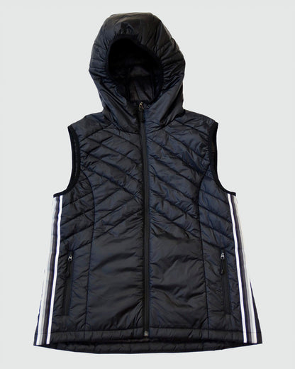 Black Goal Five Powerstripe eco-friendly down hooded vest, lifestyle image showing front view with hood and quilted design.