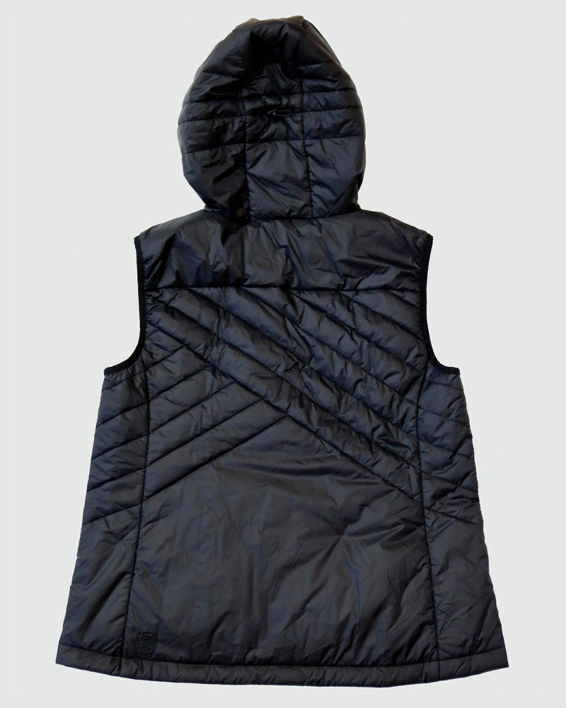 Black Goal Five Powerstripe eco-friendly down hooded vest worn as a lifestyle outerwear piece, showcasing its lightweight, insulated design.
