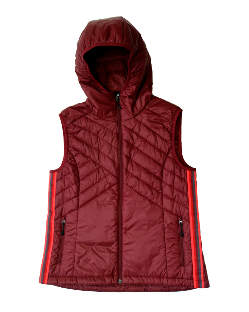 Goal Five Powerstripe Eco-Friendly Down Hooded Vest in black, lightweight lifestyle outerwear with a hood and down filling.