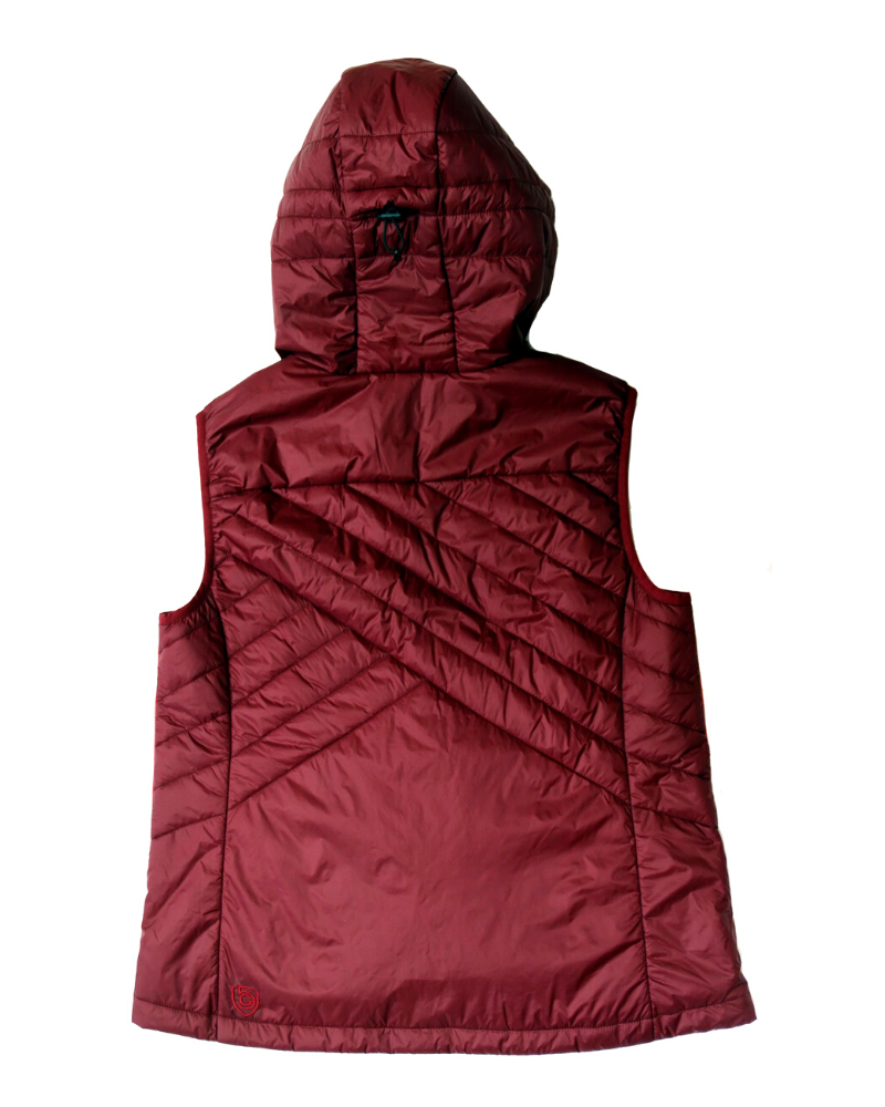 Goal Five Powerstripe Eco-Friendly Down Hooded Vest in black, lightweight lifestyle outerwear with a cozy hood and down insulation.