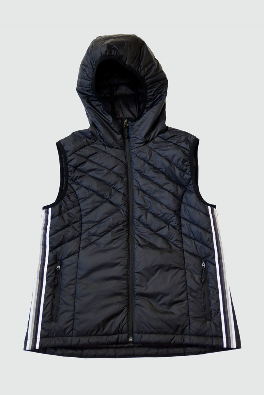 Goal Five Eco-Friendly Down Hooded Vest in black, lightweight lifestyle vest with hood, made with sustainable materials.