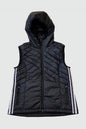 Goal Five Eco-Friendly Down Hooded Vest in black, lightweight lifestyle vest with hood, made with sustainable materials.