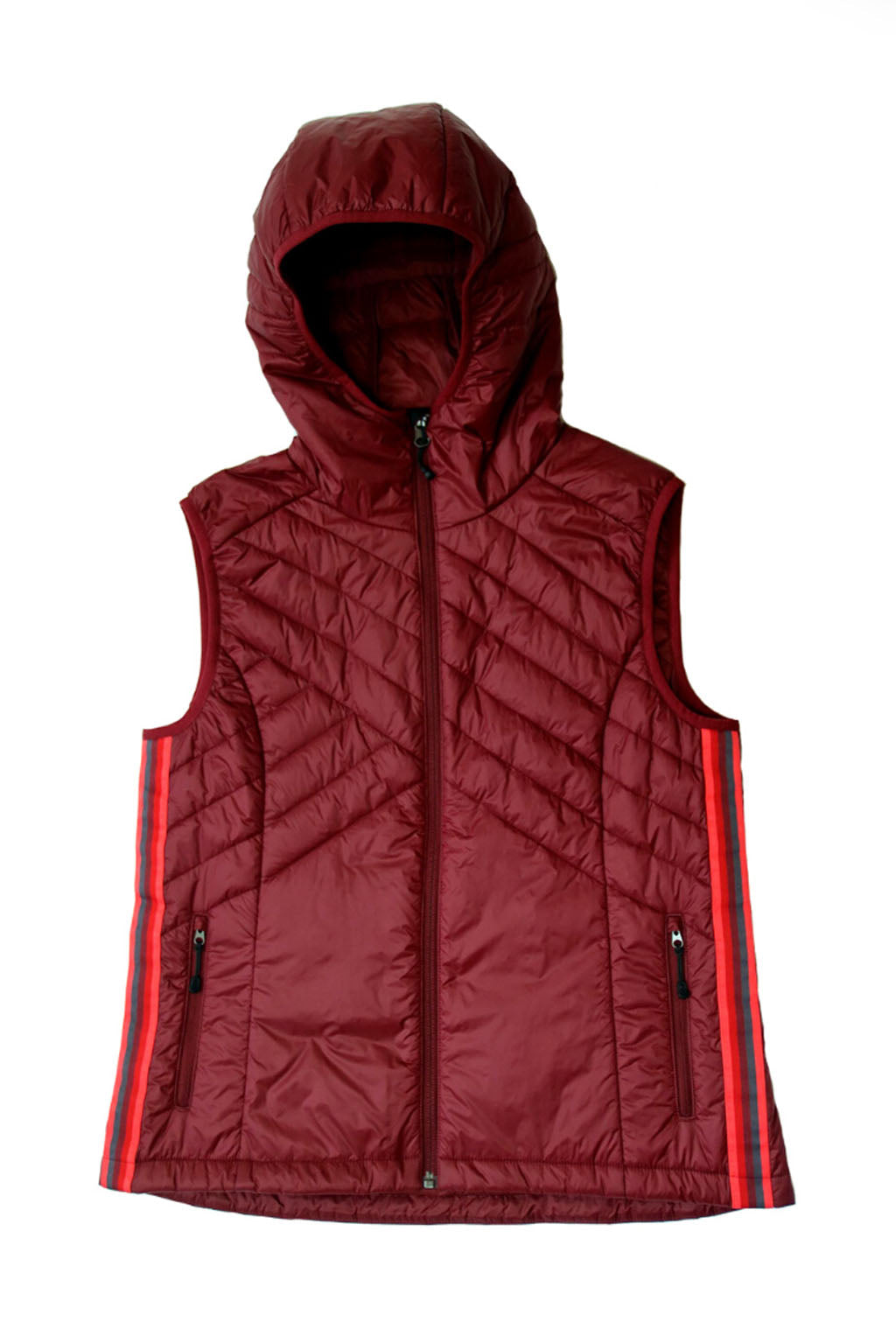 Goal Five Powerstripe eco-friendly down hooded vest in black, showing front view with hood and quilted design for outdoor wear.