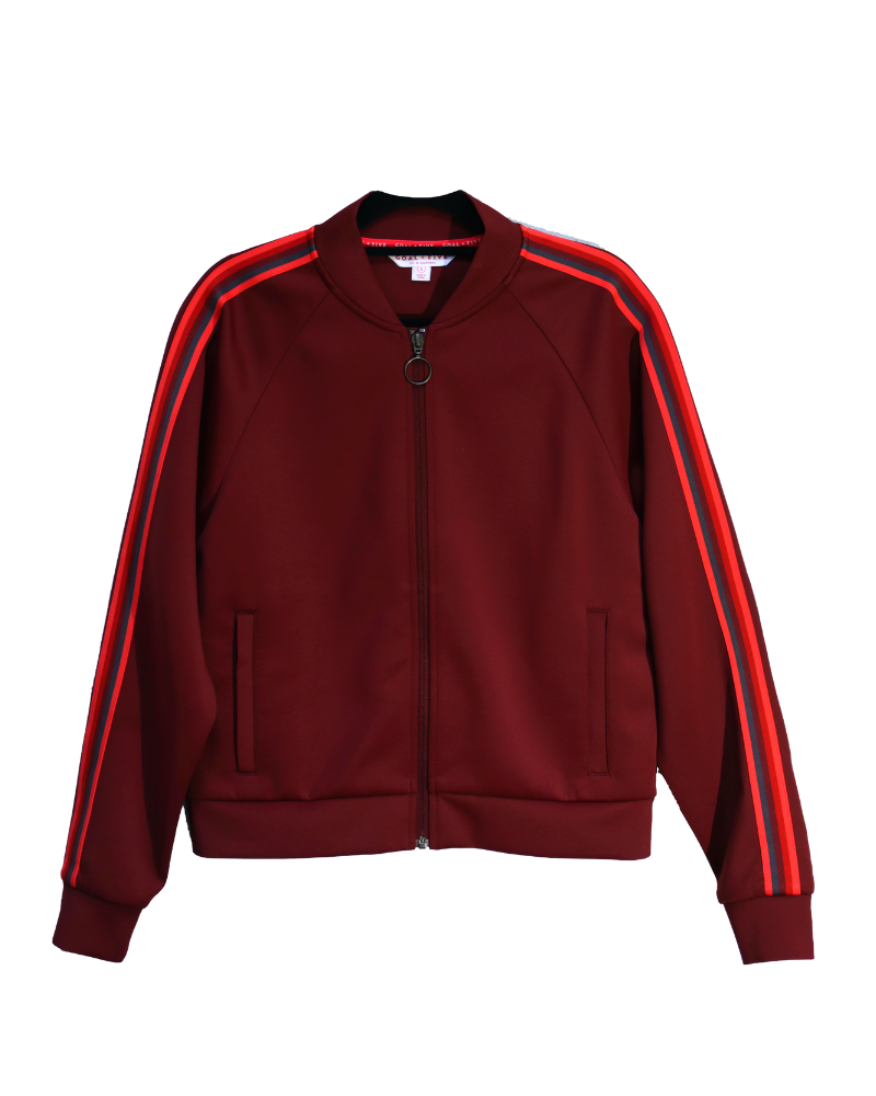 Goal Five Powerstripe LS Track Jacket in black, lifestyle image showing a lightweight, sporty jacket with stripe details.