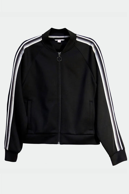 Black Goal Five Powerstripe LS Track Jacket for lifestyle wear, shown on a model, featuring a sleek design and comfortable fit.