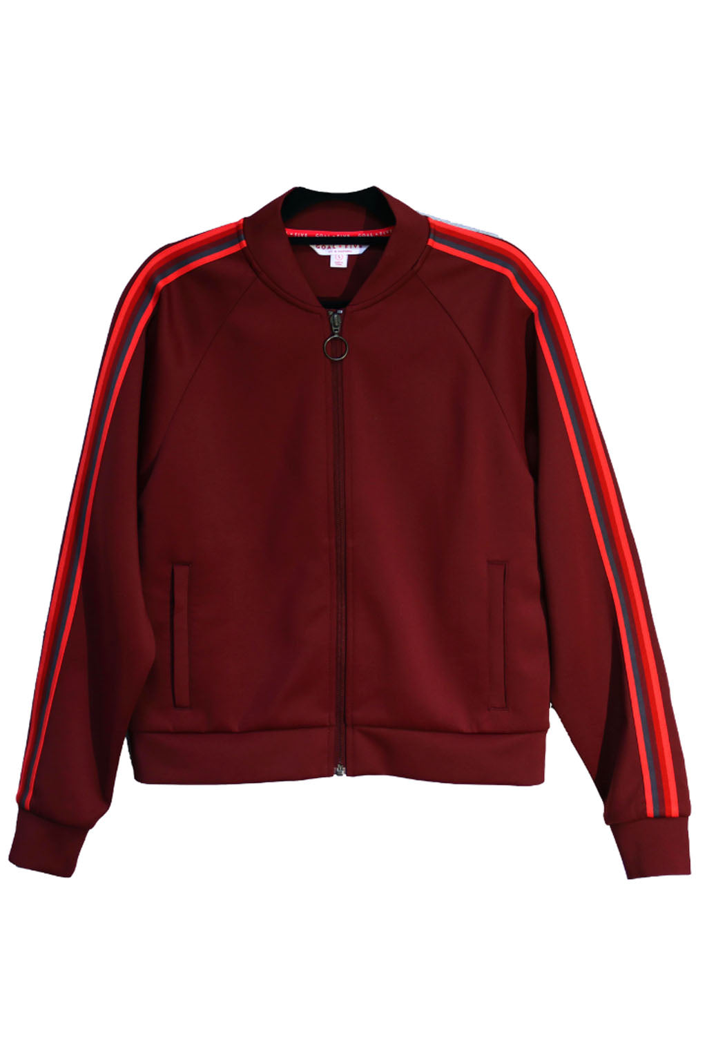Goal Five Powerstripe LS Track Jacket in black, lifestyle image showing the sporty design and comfortable fit.