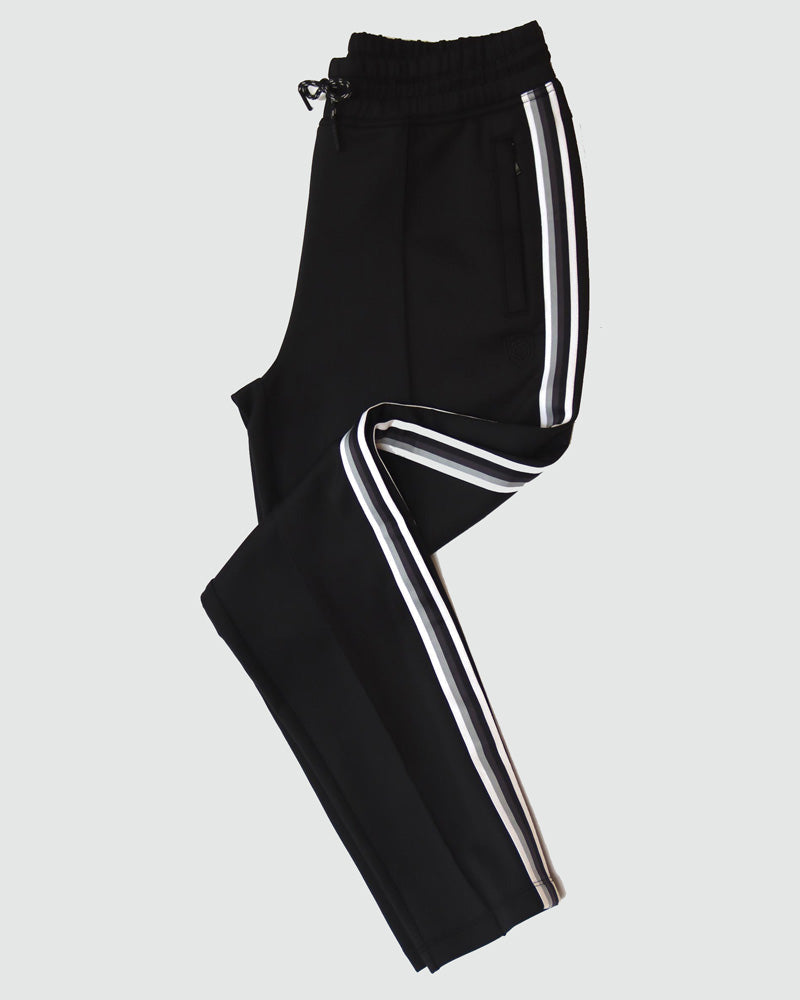 Goal Five Powerstripe mid-rise black track pant, 28-inch length, stylish lifestyle athletic pants with a sleek design.