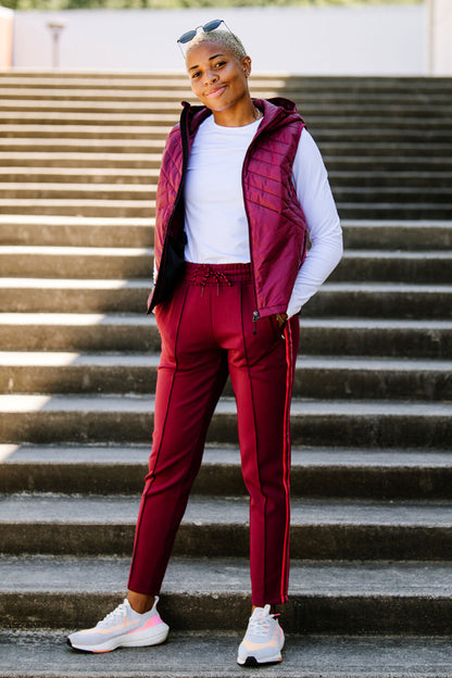Goal Five black lifestyle Powerstripe mid-rise 28-inch 7/8 length track pant, shown in XS, featuring a sleek design.