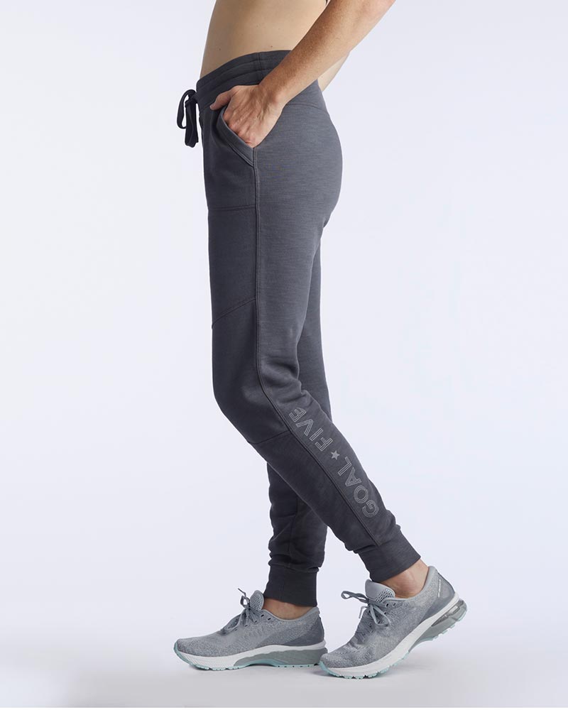 Goal Five Freasy Jogger in carbon color, lifestyle image showing soft fabric, relaxed fit, and casual style.