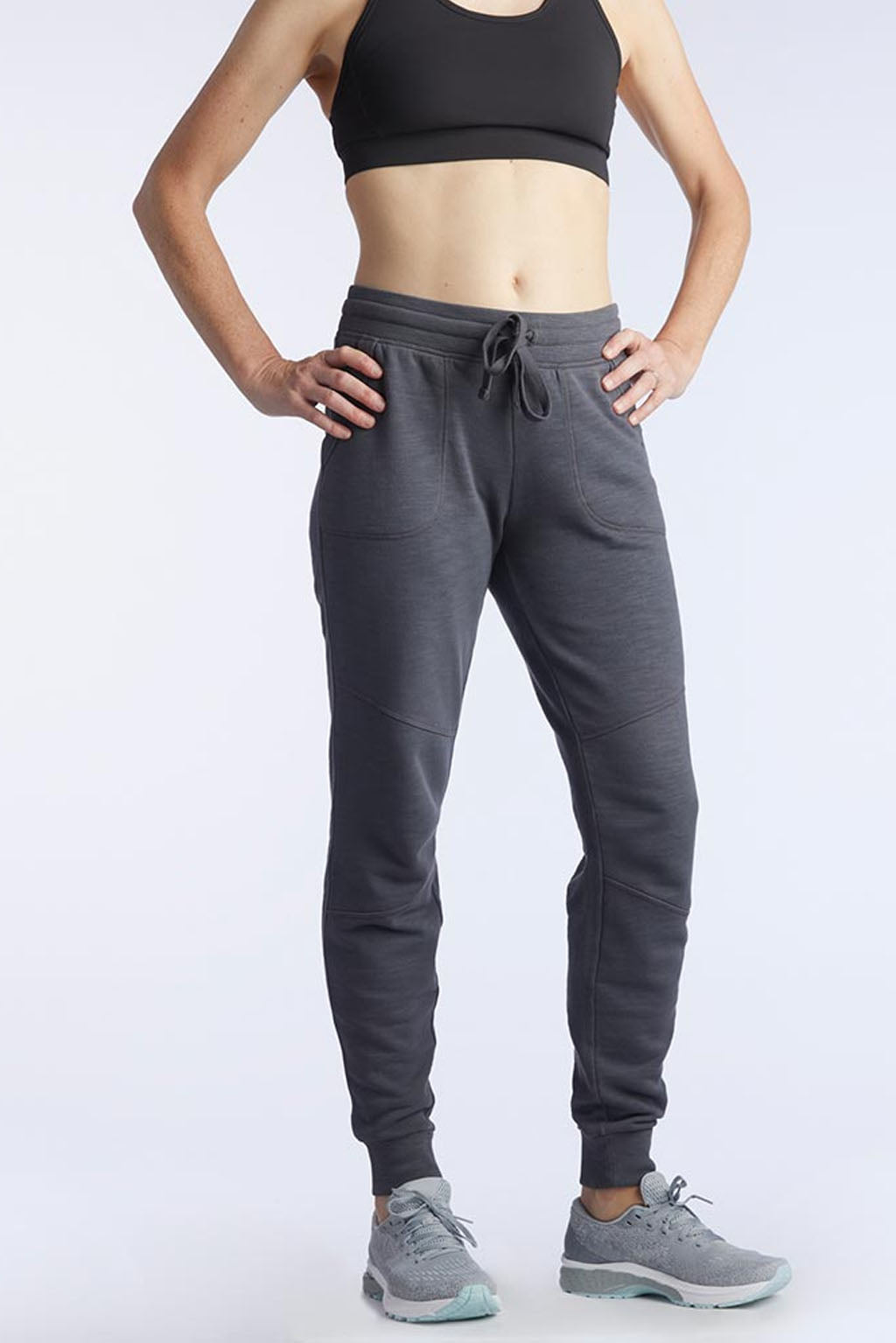 Goal Five Freasy Jogger in carbon color, lifestyle image showing comfortable fit and casual style, XS size.
