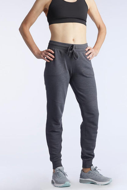 Goal Five Freasy Jogger in carbon color, lifestyle image showing comfortable fit and casual style, XS size.