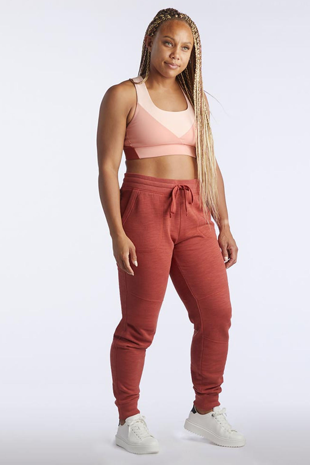 Goal Five Freasy Jogger Lifestyle pants in carbon color, casual fit with elastic waistband, shown on a model.