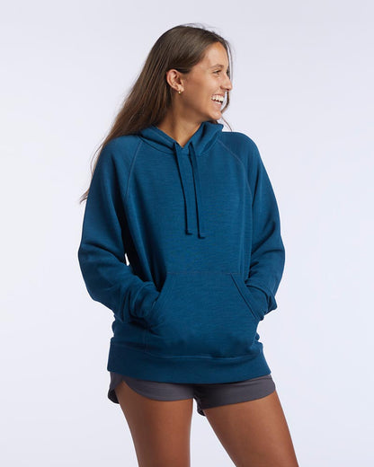 Dark teal Goal Five Freasy Women's Relaxed Fit Hoodie, lifestyle image showing comfortable casual wear for women.