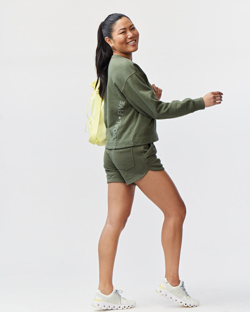 Goal Five Freasy Crew lifestyle shirt in nectar color, featuring a relaxed fit and casual style, front view on model.