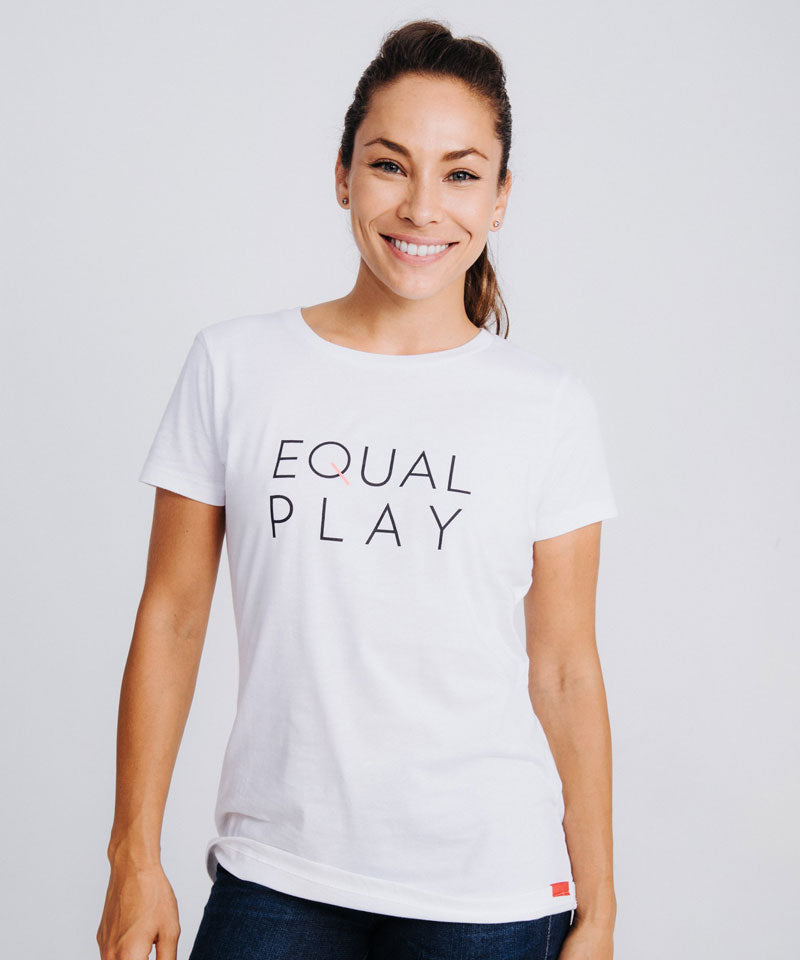 White women's soccer T-shirt by Goal Five, featuring Equal Play slogan, styled for casual lifestyle wear.