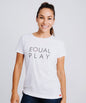 White women's soccer T-shirt by Goal Five, featuring Equal Play slogan, styled for casual lifestyle wear.