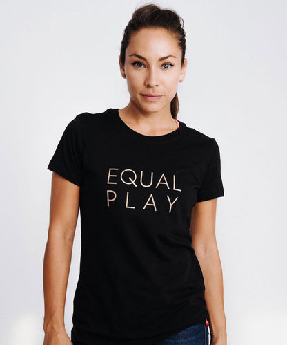 White Equal Play women's soccer T-shirt by Goal Five, casual lifestyle style, front view showing fit and design.