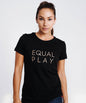 White Equal Play women's soccer T-shirt by Goal Five, casual lifestyle style, front view showing fit and design.