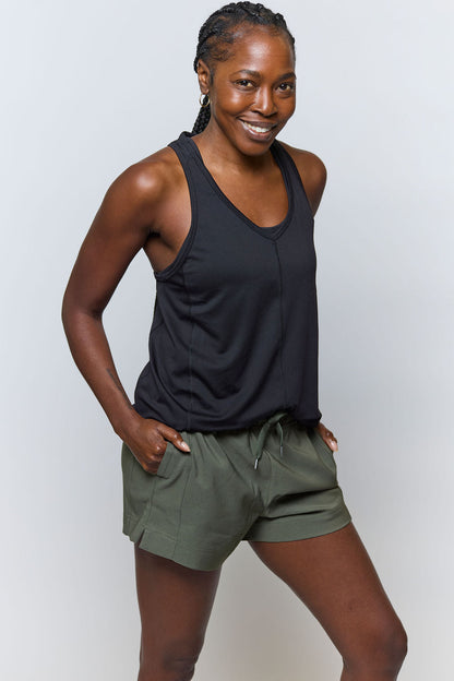 Goal Five Indie 2.0 women's black camo training sport shorts, lightweight and stretchy for active workouts.