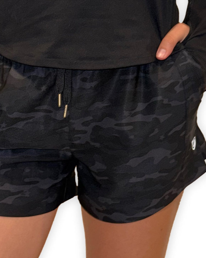 Black camo Goal Five Indie 2.0 women's training sport shorts, lightweight and stretchy for active wear.