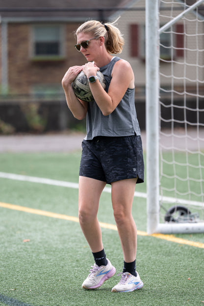 Black camo Goal Five Indie 2.0 women's training sport shorts, lightweight and comfortable for workouts and active wear.