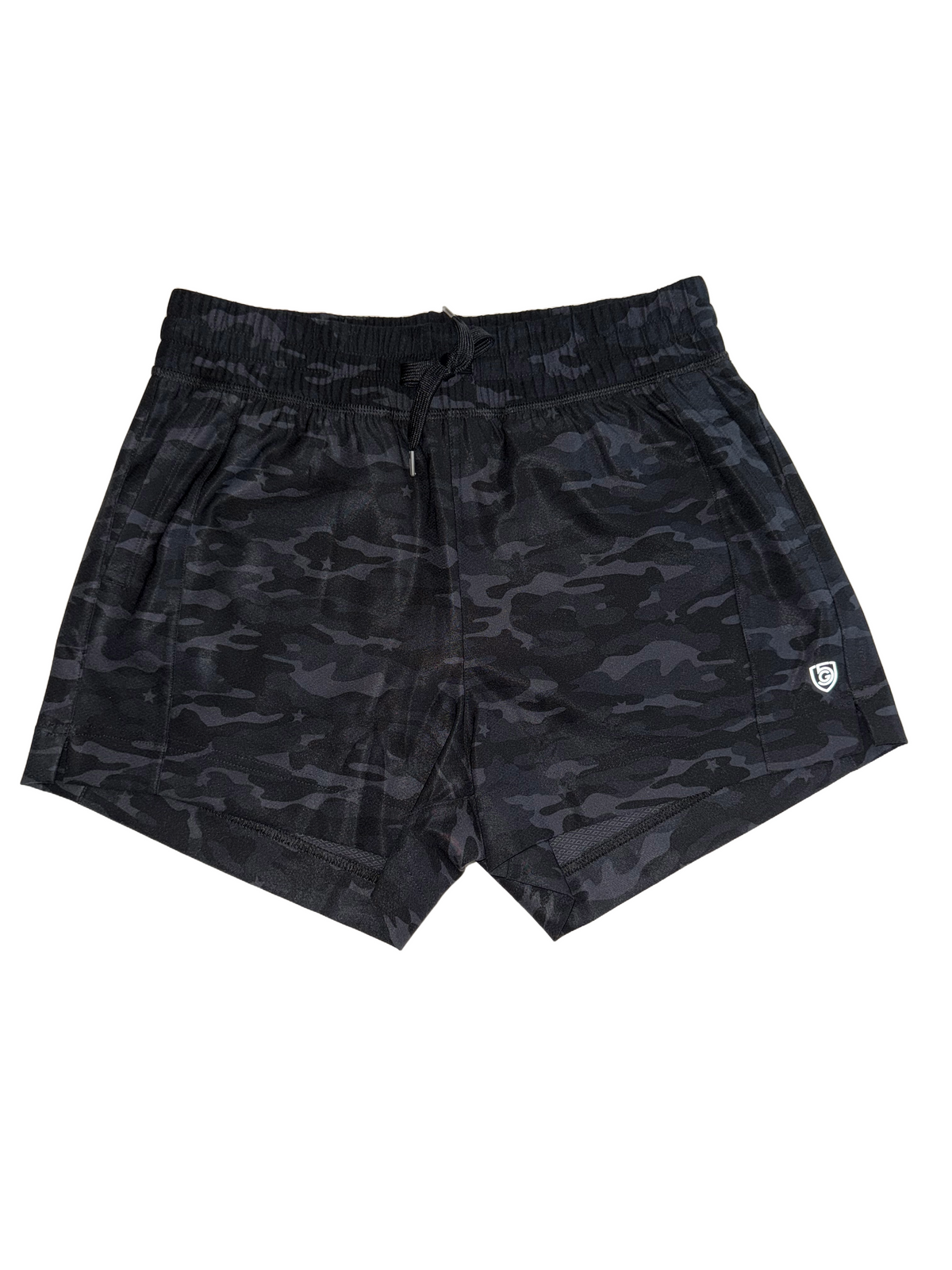 Black camouflage Goal Five Indie 2.0 women's training sport shorts with a comfortable fit and elastic waistband.