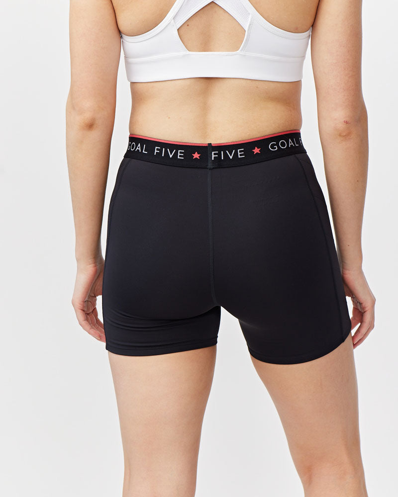 Black Goal Five women's Spandex shorts with elastic waistband, designed for training and athletic activities.