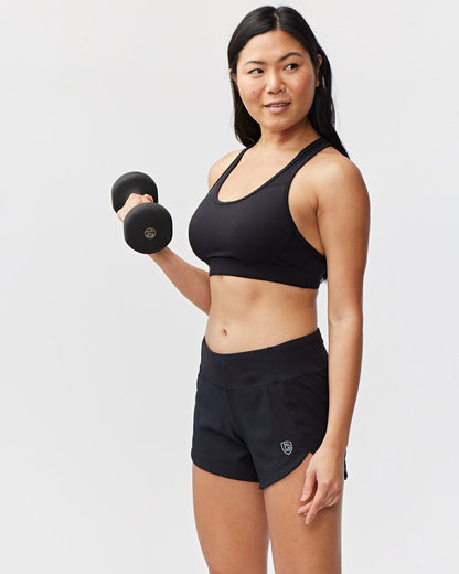 Black Excel Women's Workout Shorts by Goal Five for training, featuring a comfortable fit and athletic design for active wear.