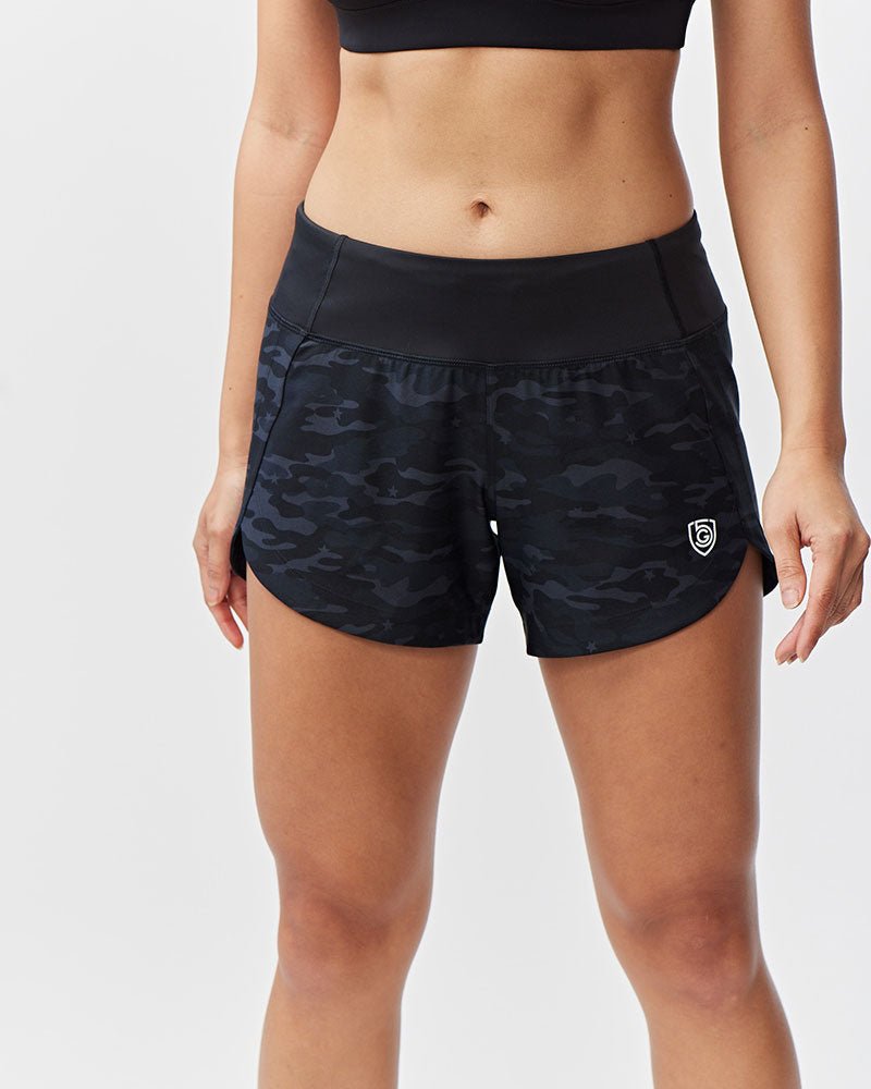 Black Excel Women's Workout Shorts for training by Goal Five, shown in size XS with comfortable athletic fit.