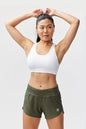 Black Excel women's workout shorts by Goal Five, designed for training and active exercise, shown on a model.