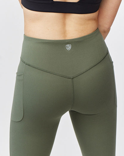Black Goal Five women's cropped training leggings, 21-inch length, stretchy and comfortable for active wear.