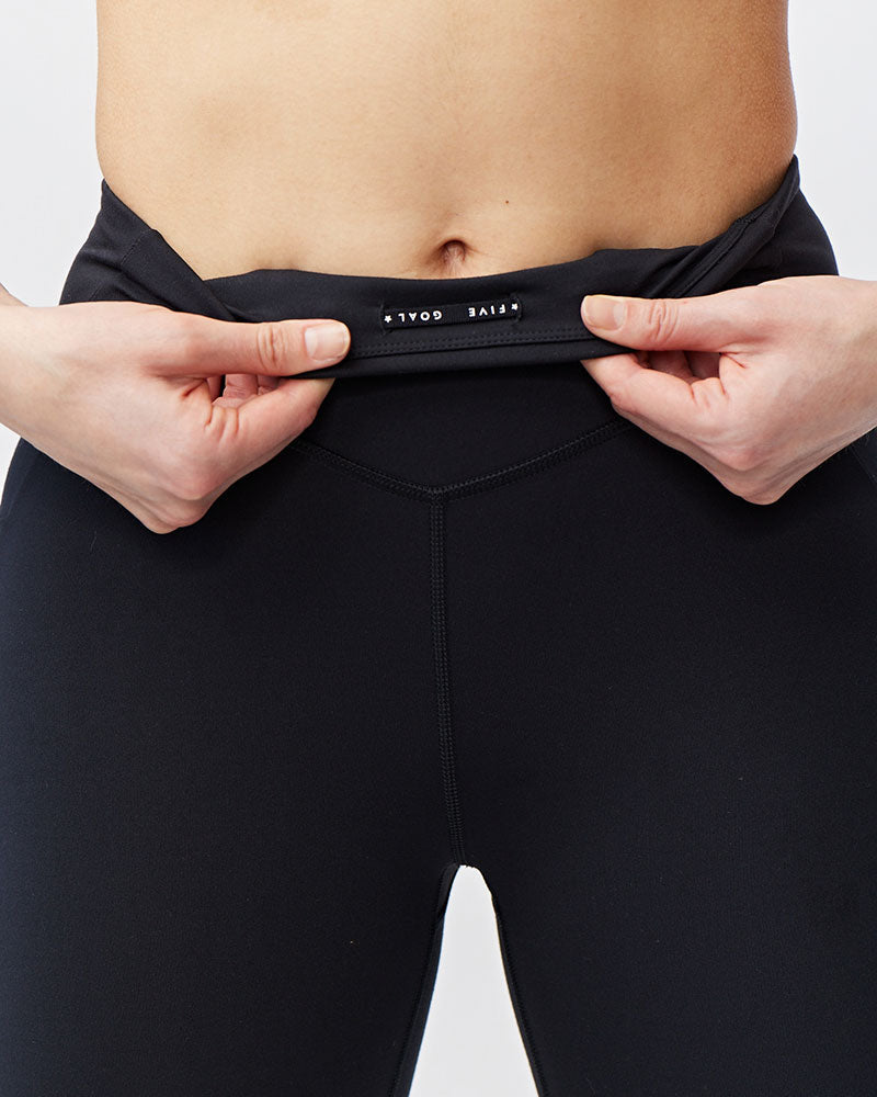 Goal Five women's black cropped training leggings, 21-inch length, designed for active wear and comfortable movement.