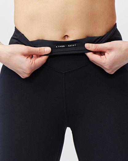 Goal Five women's black cropped training leggings, 21-inch length, designed for active wear and comfortable movement.