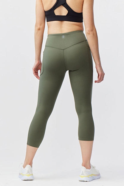 Goal Five women's black cropped training leggings, 21-inch length, showing fit and stretch details on model.
