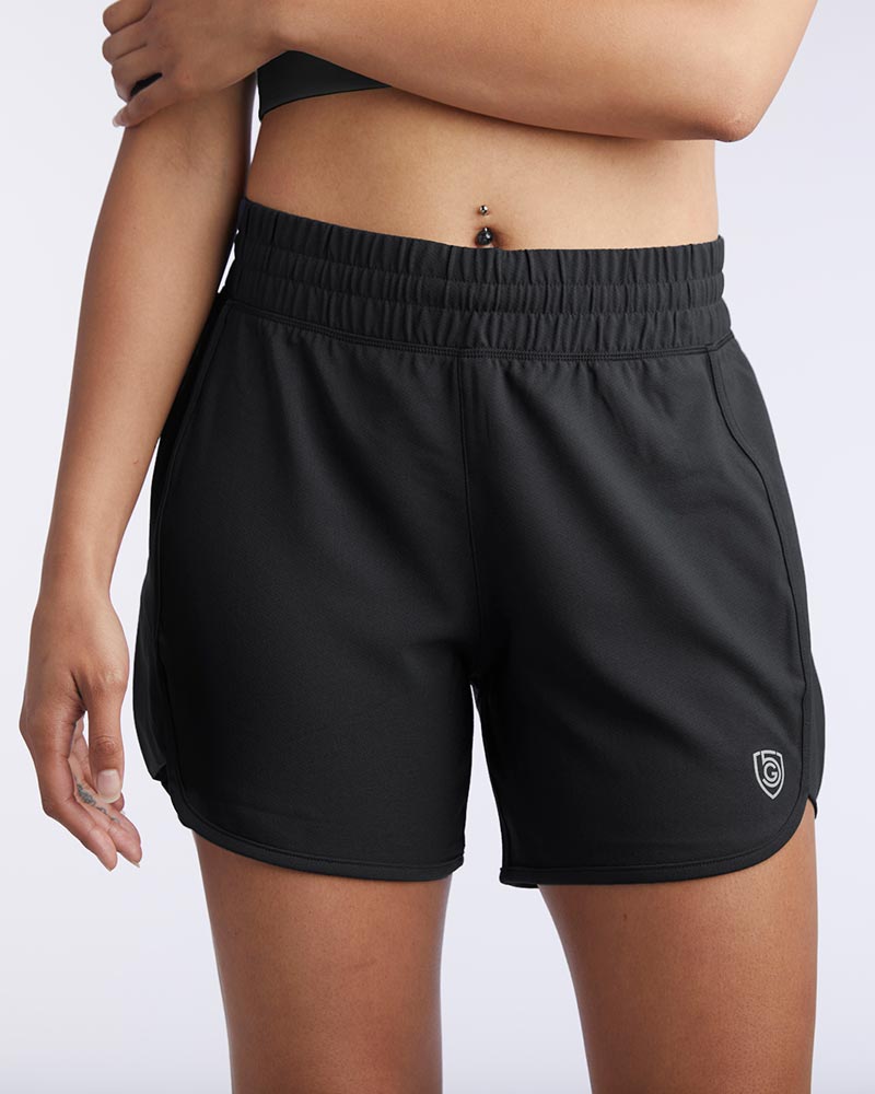 Black Indie Women's Sport Shorts for training by Goal Five, lightweight and comfortable with a casual fit.