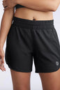 Black Indie women's training sport shorts by Goal Five, lightweight and comfortable for active wear.